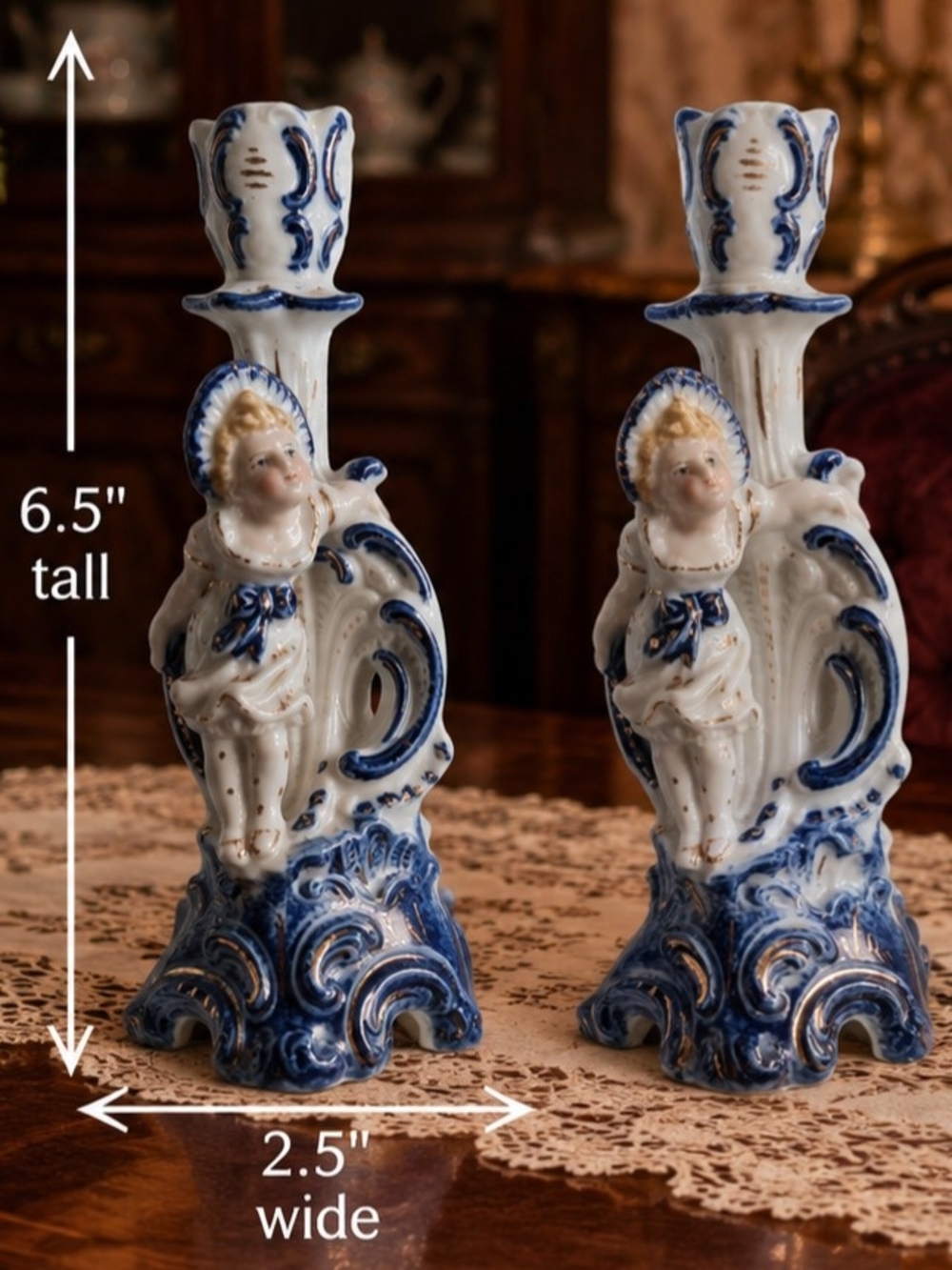 Vintage Staffordshire-style Blue and White Porcelain Figural Candle Holders 6.5"